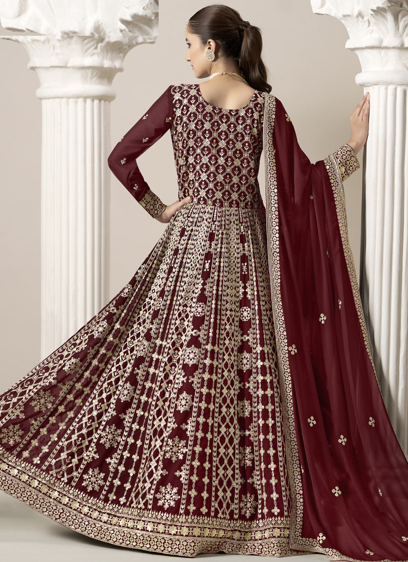 maroon faux georgette embroidered anarkali suit