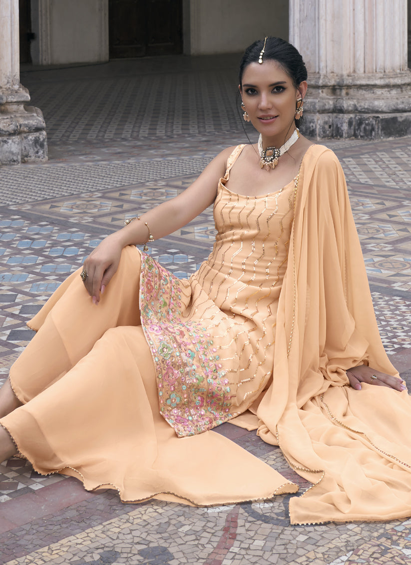 Apricot Faux Georgette Embroidered Designer Sharara Kameez