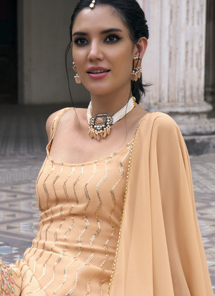 Apricot Faux Georgette Embroidered Designer Sharara Kameez