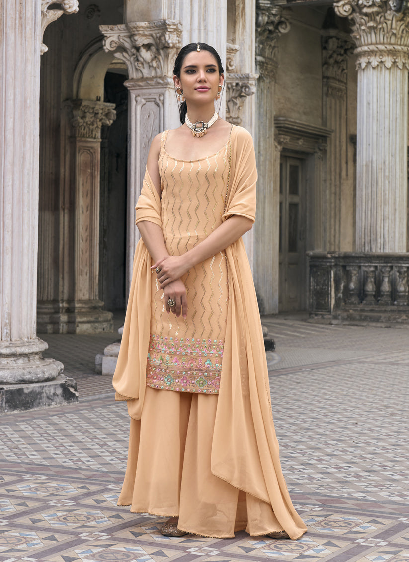 Apricot Faux Georgette Embroidered Designer Sharara Kameez