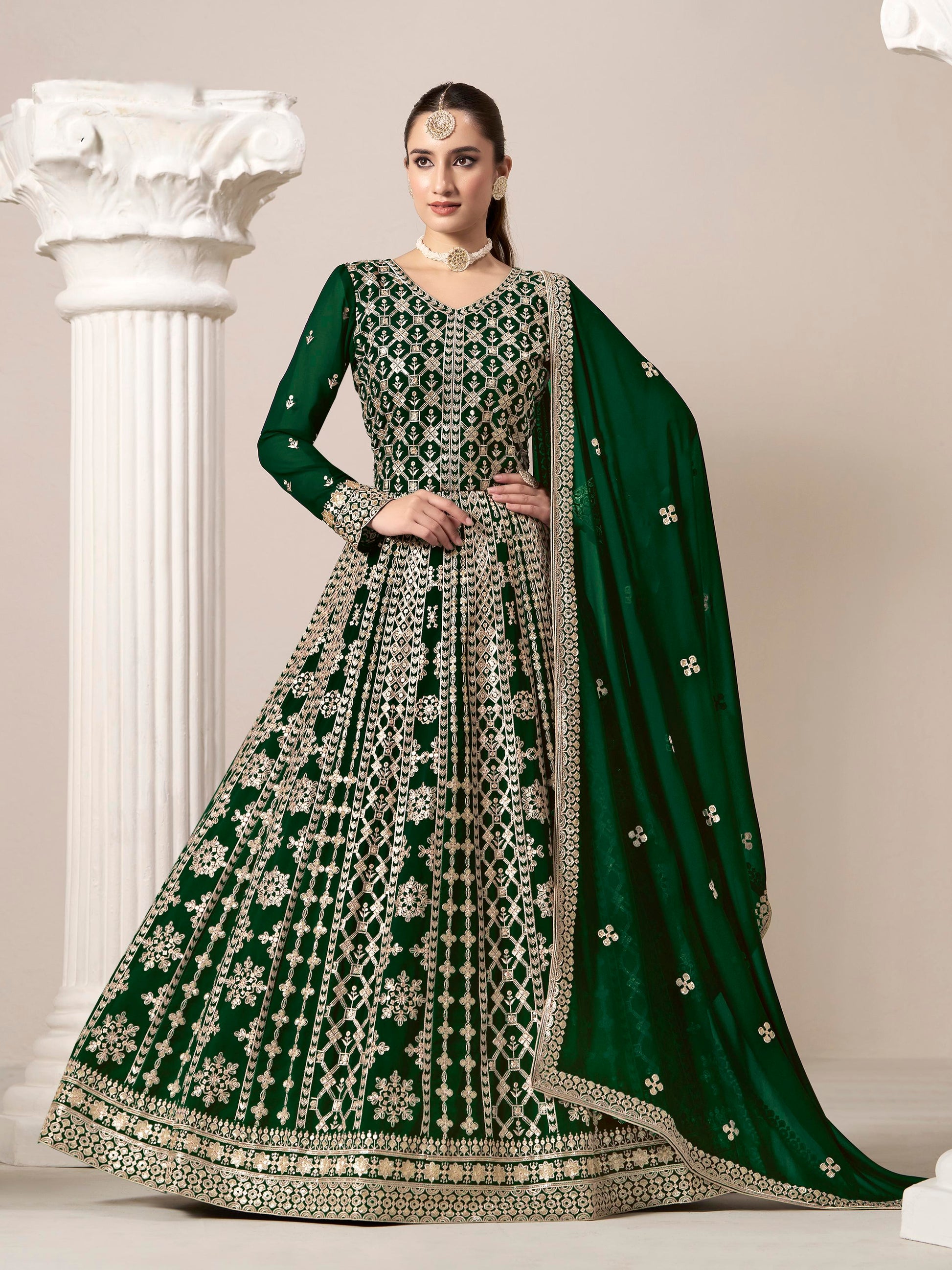 forest green faux georgette embroidered anarkali suit
