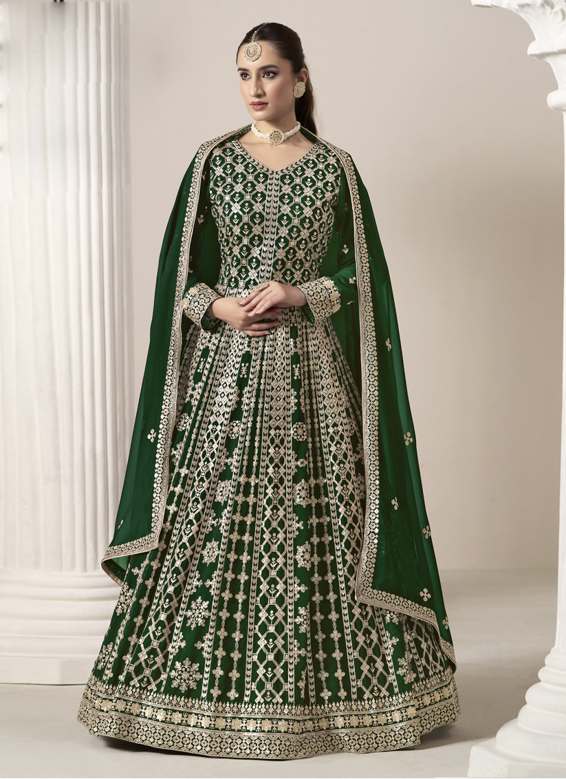 forest green faux georgette embroidered anarkali suit