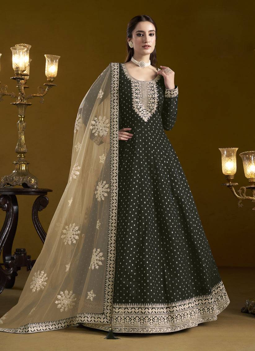 black chanderi butti embroidered anarkali suit