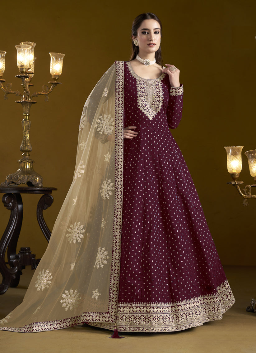 maroon chanderi butti embroidered anarkali suit