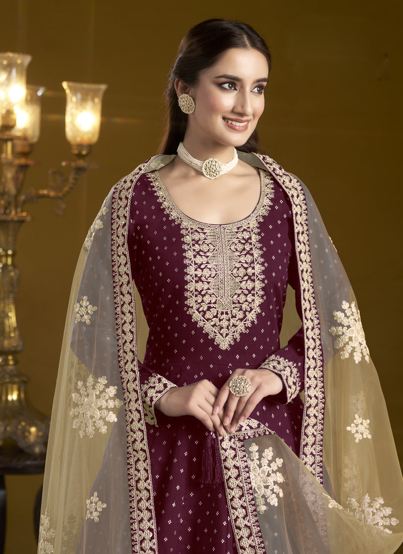 maroon chanderi butti embroidered anarkali suit
