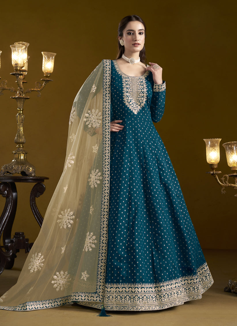 peacock blue chanderi butti embroidered anarkali suit