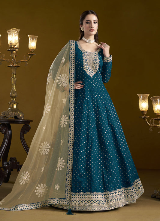 peacock blue chanderi butti embroidered anarkali suit