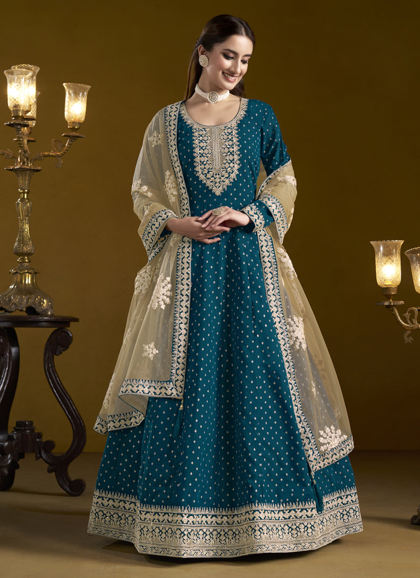 peacock blue chanderi butti embroidered anarkali suit