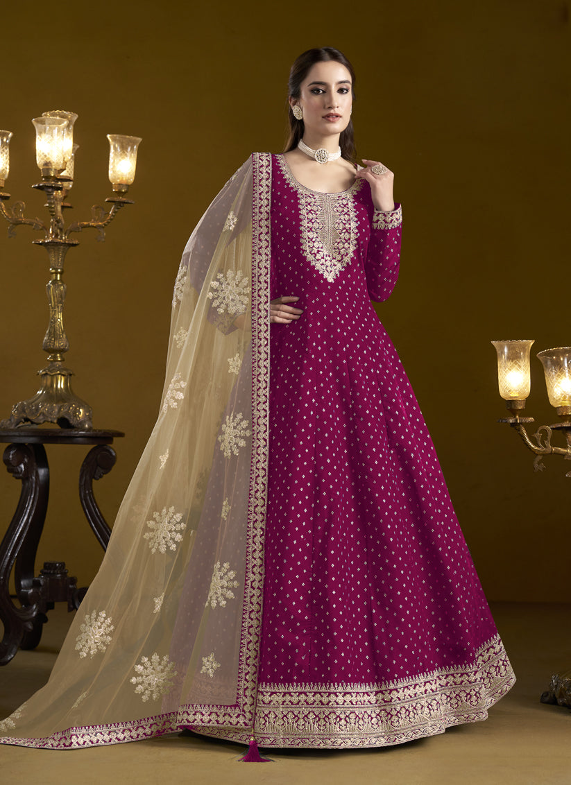 magenta chanderi butti embroidered anarkali suit