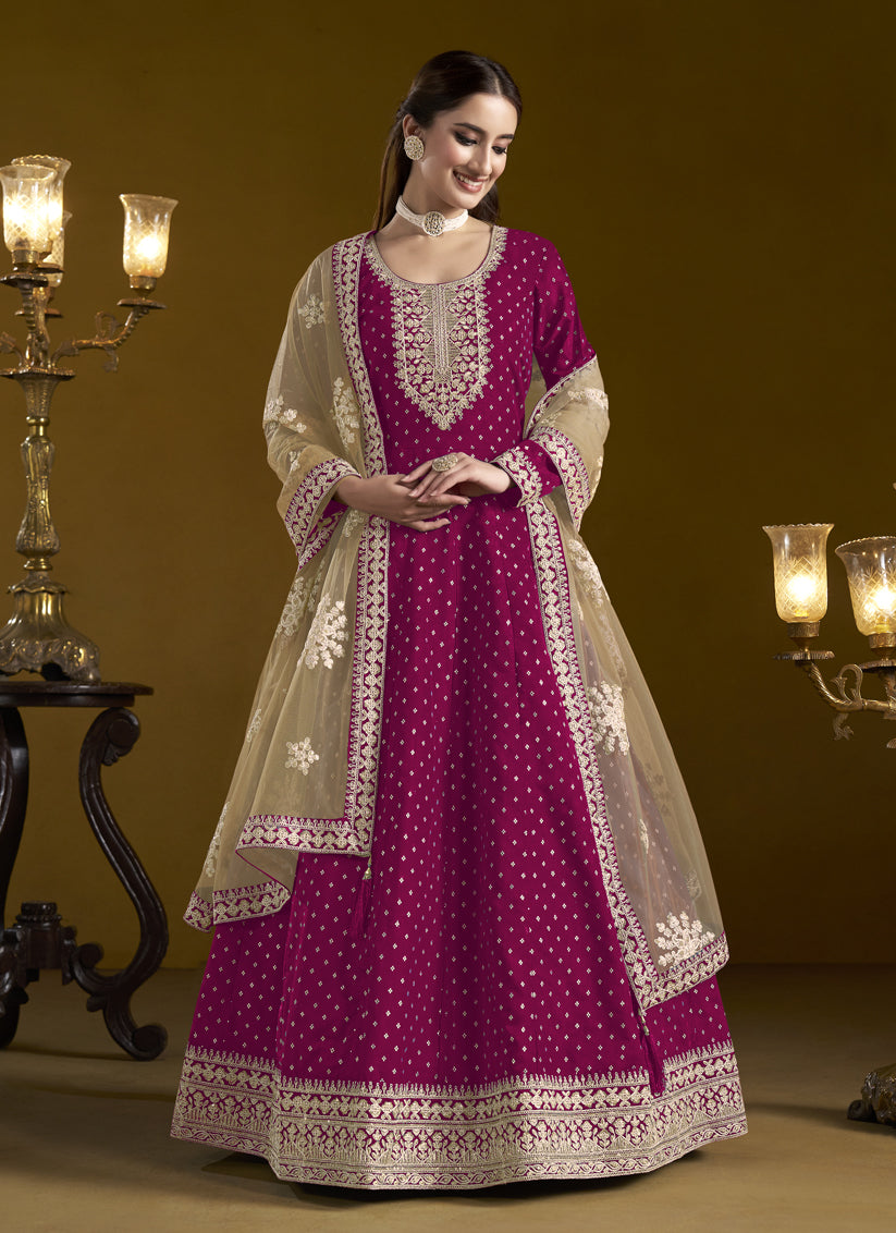 magenta chanderi butti embroidered anarkali suit