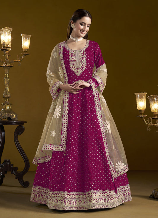 magenta chanderi butti embroidered anarkali suit