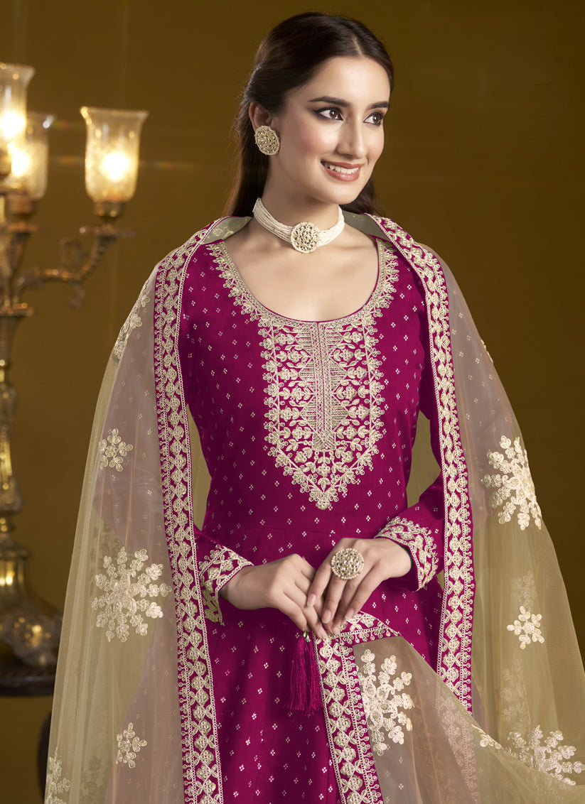 magenta chanderi butti embroidered anarkali suit