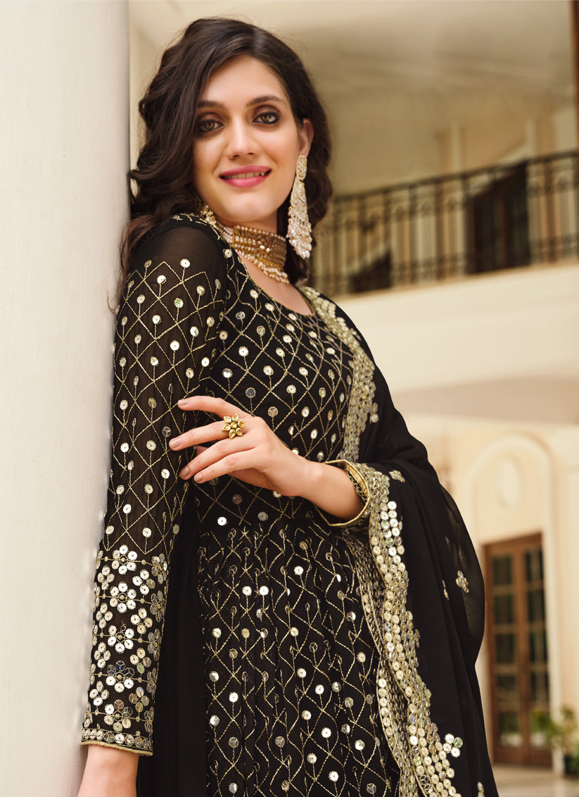 Beautiful Black Georgette Embroidered Pant Kameez
