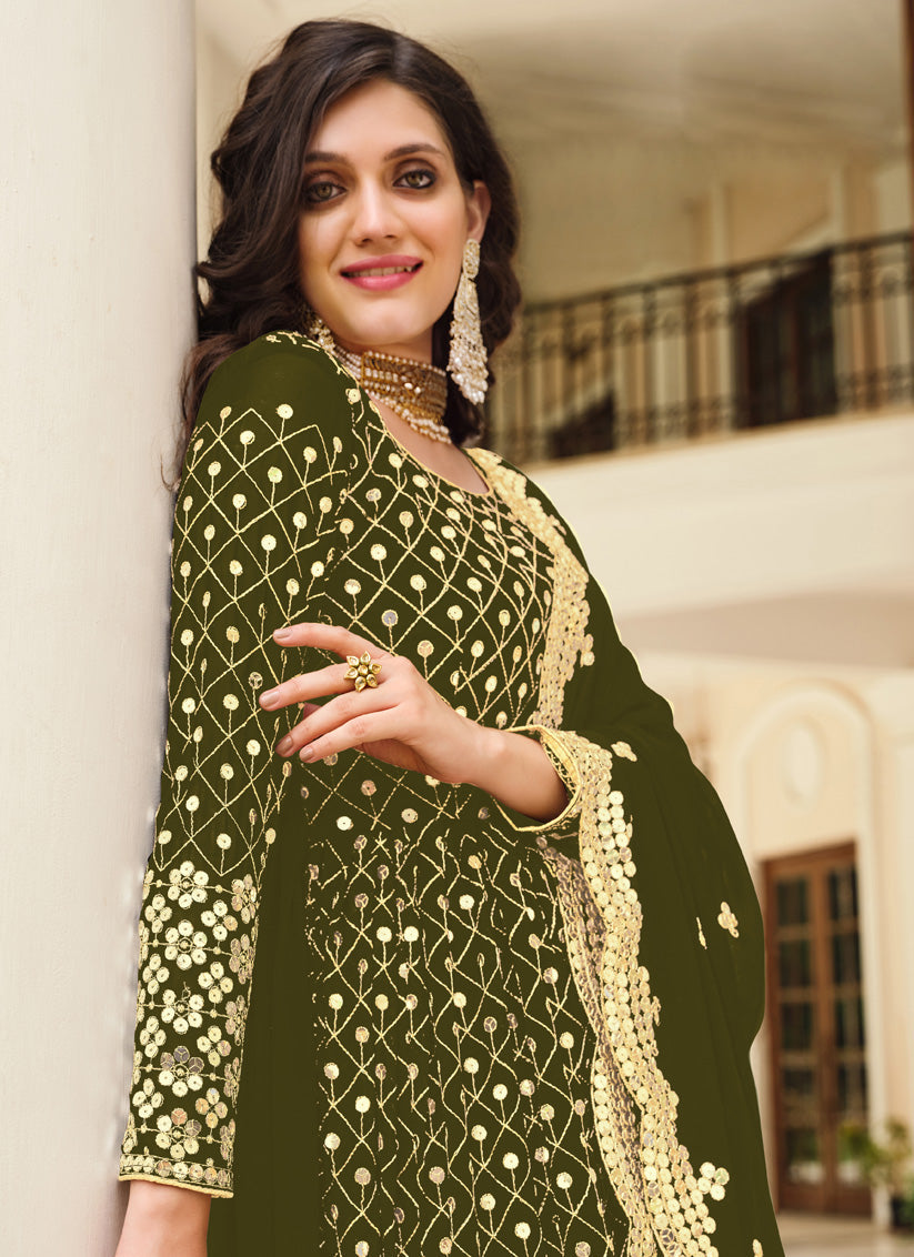Sleek Mehendi Green Georgette Embroidered Pant Kameez