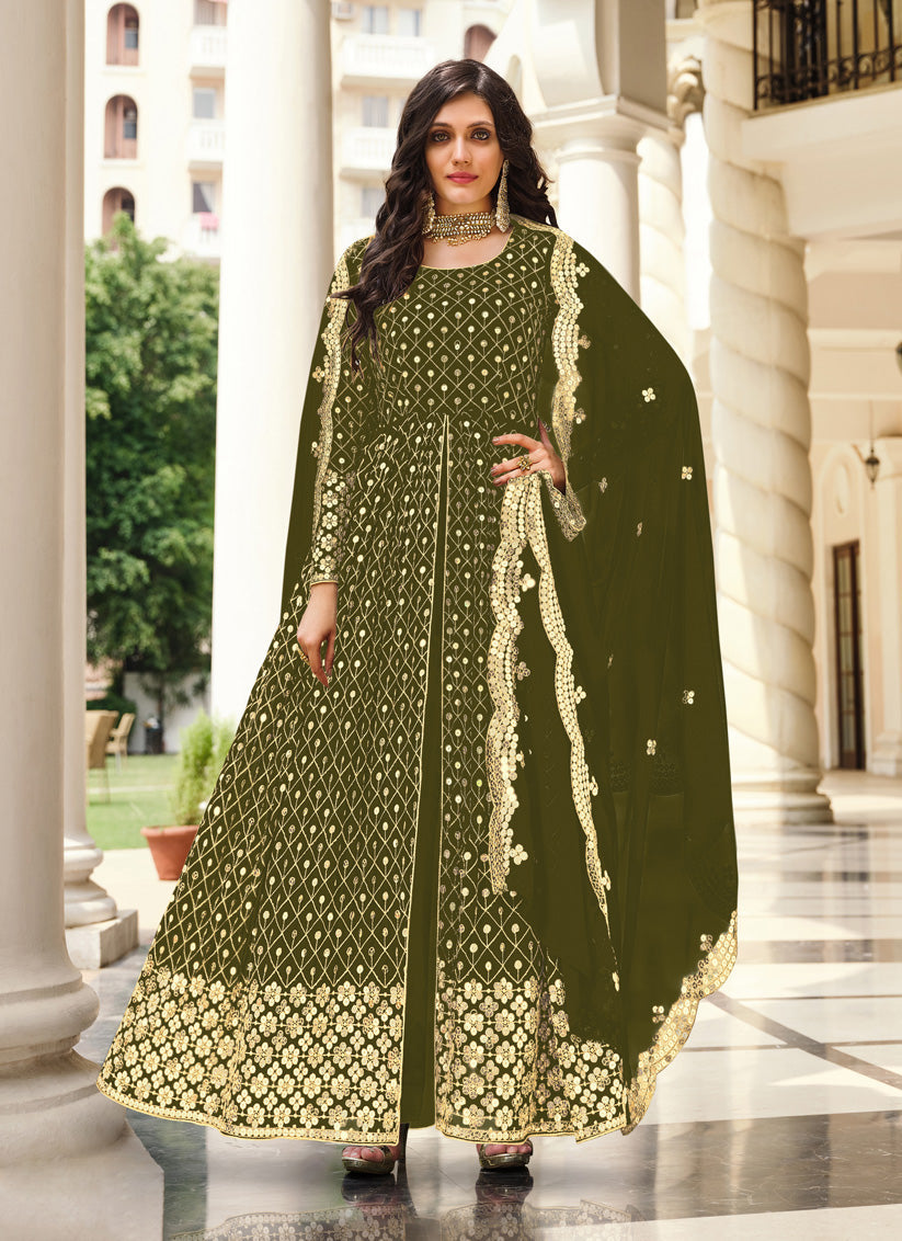 Sleek Mehendi Green Georgette Embroidered Pant Kameez