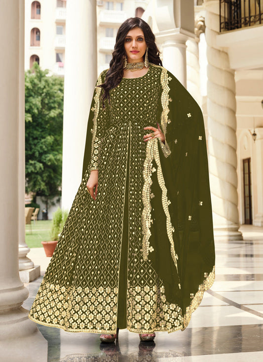 Sleek Mehendi Green Georgette Embroidered Pant Kameez