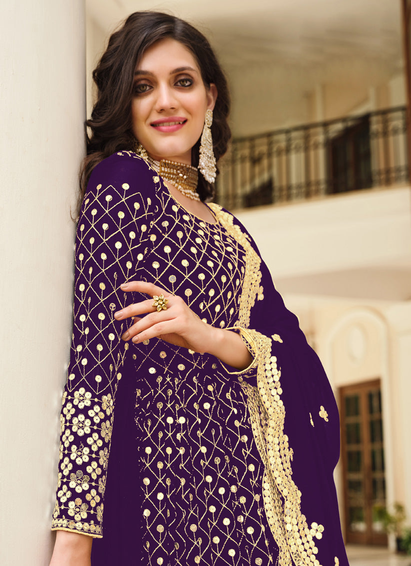 Sophisticated Eggplant Georgette Embroidered Pant Kameez