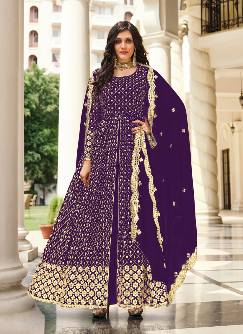 Sophisticated Eggplant Georgette Embroidered Pant Kameez