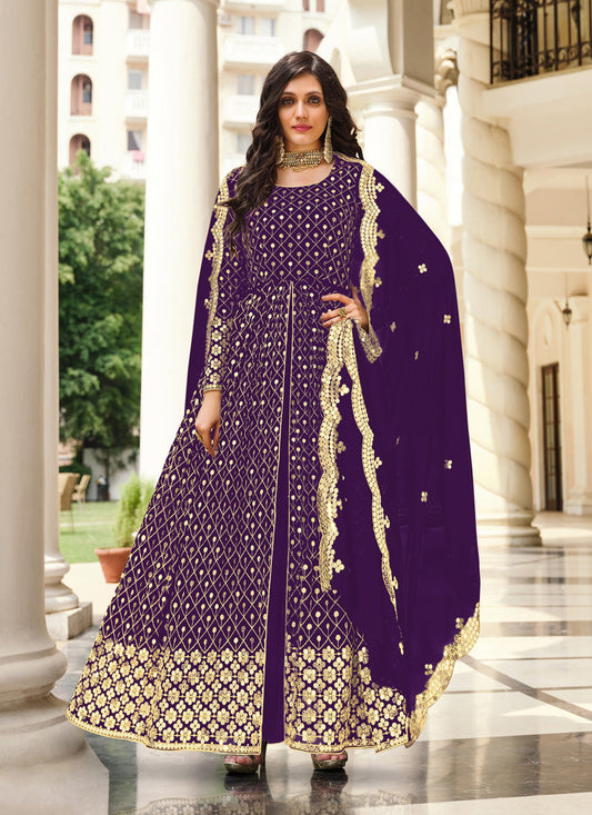Sophisticated Eggplant Georgette Embroidered Pant Kameez