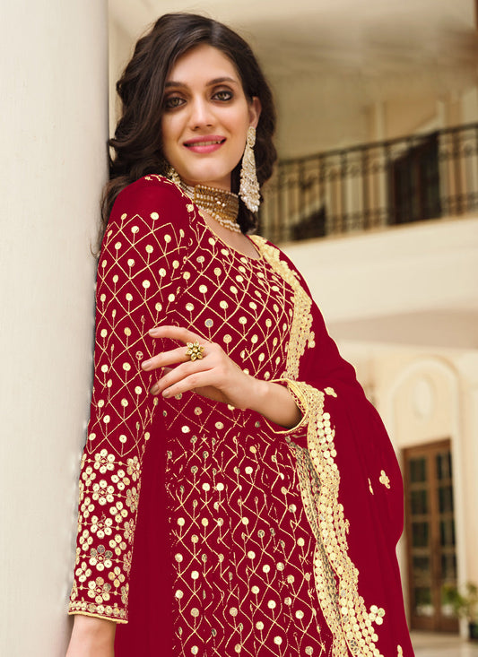 Spectacular Red Georgette Embroidered Pant Kameez