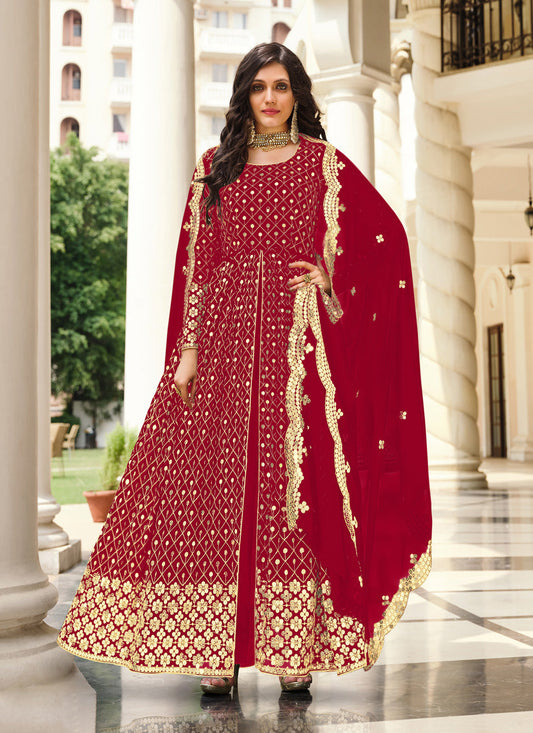 Spectacular Red Georgette Embroidered Pant Kameez