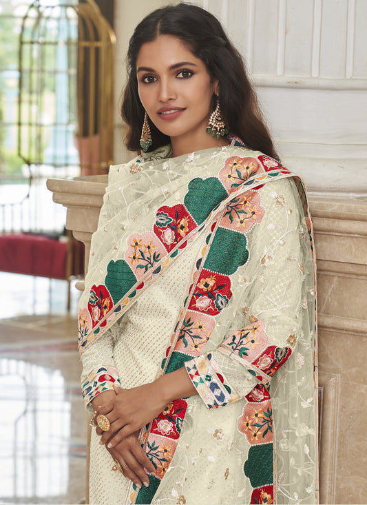 Bewitching Ivory Georgette Embroidered Churidar Kameez