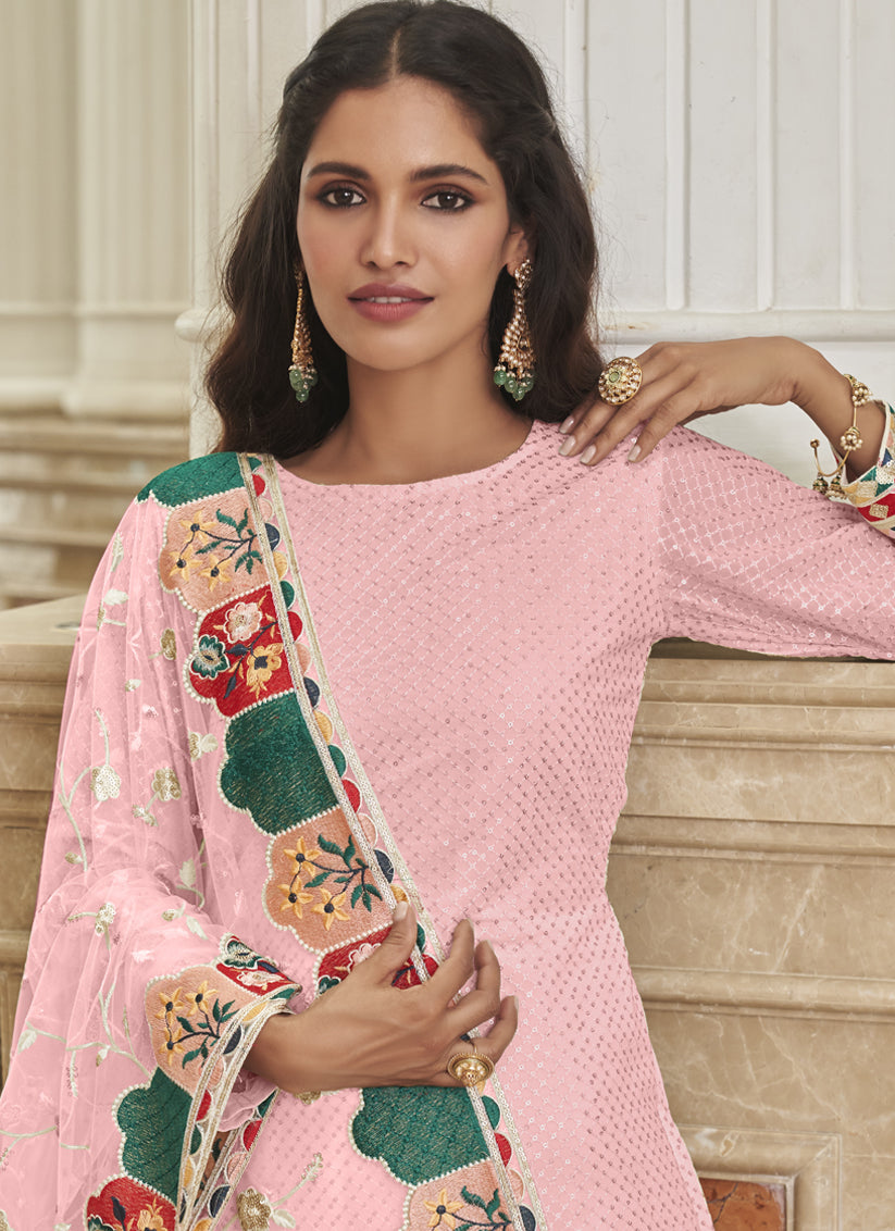 Sweet Rose Pink Georgette Embroidered Churidar Kameez