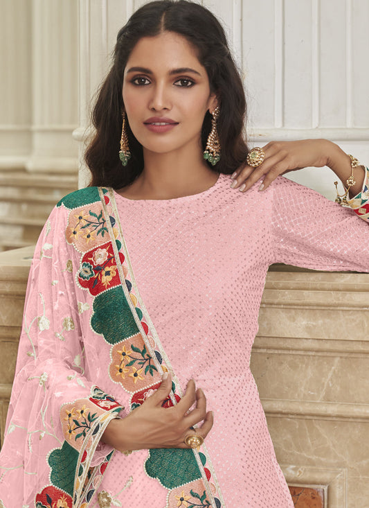 Sweet Rose Pink Georgette Embroidered Churidar Kameez