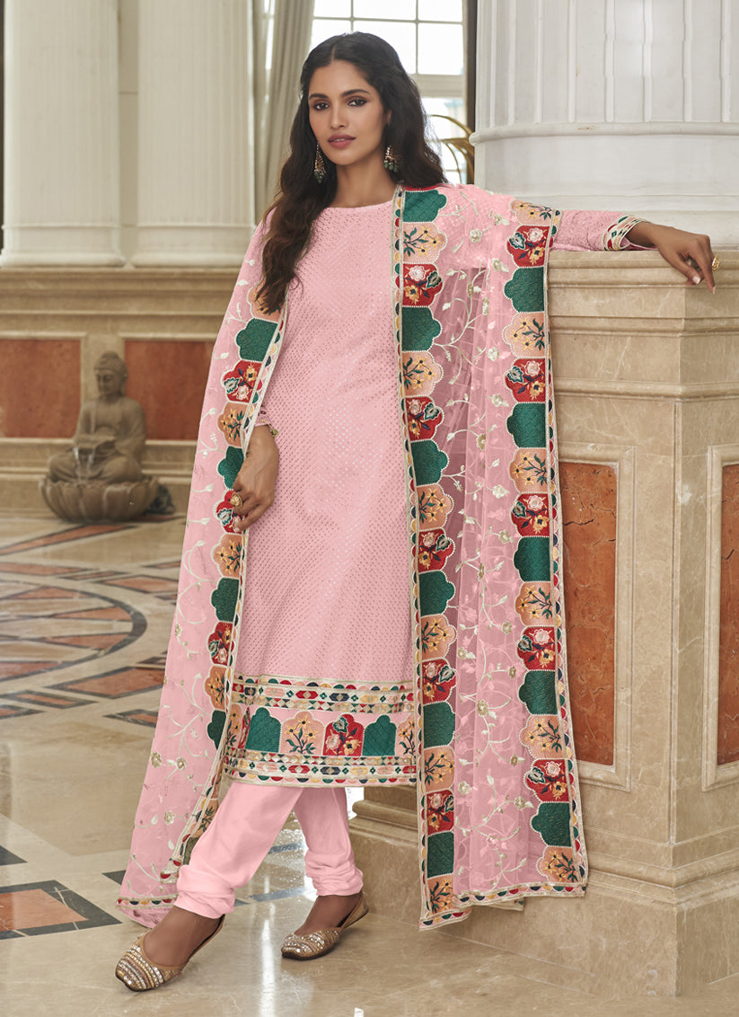 Sweet Rose Pink Georgette Embroidered Churidar Kameez