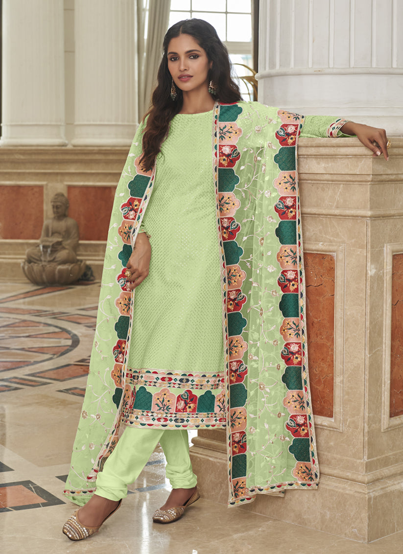 Trendsetting Pistachio Green Georgette Embroidered Churidar Kameez