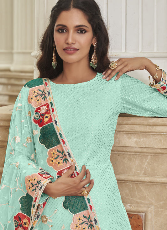 Luxurious Ice Blue Georgette Embroidered Churidar Kameez