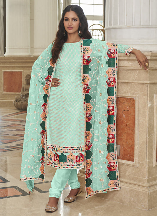 Luxurious Ice Blue Georgette Embroidered Churidar Kameez