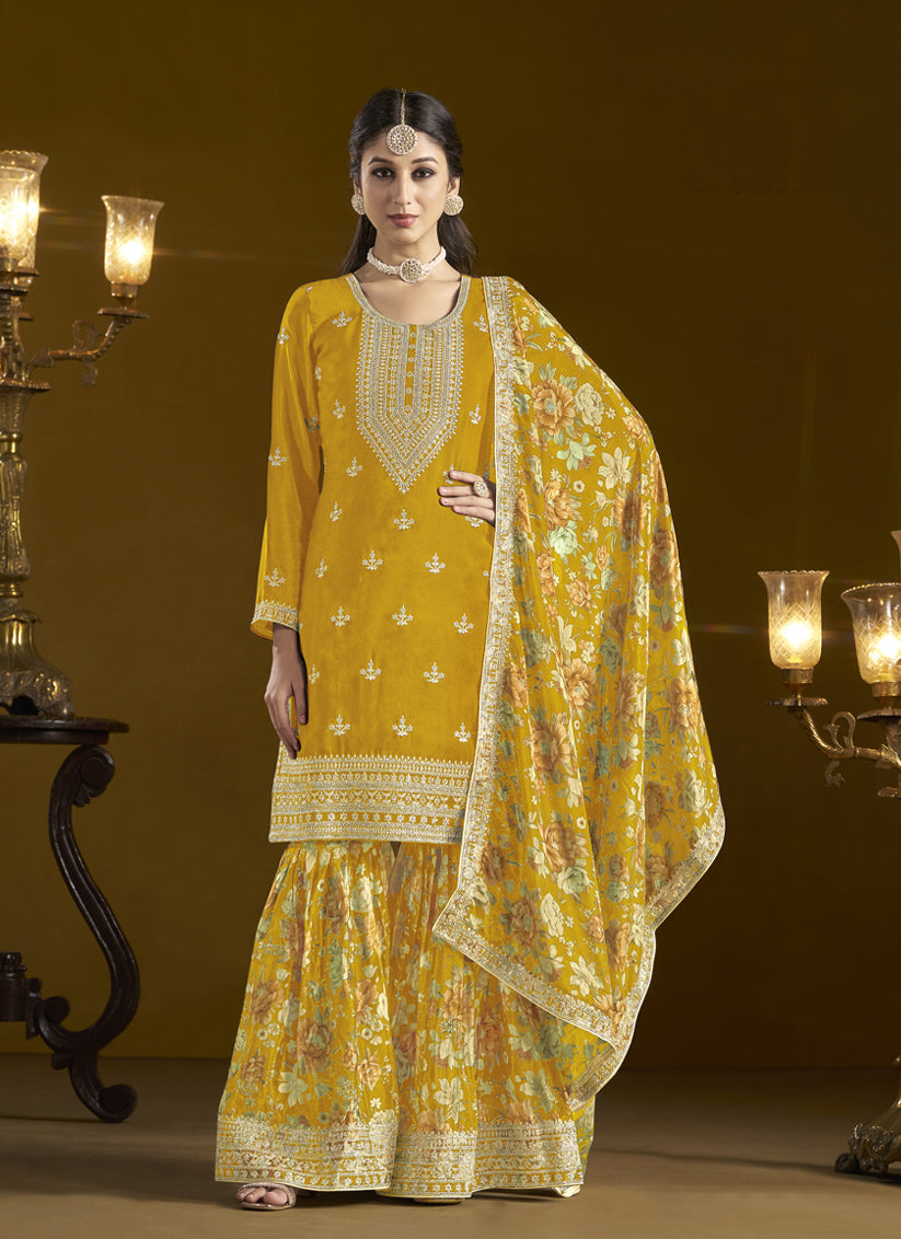 golden yellow chinnon embroidery sarara kameez suit