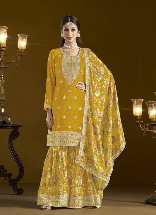 golden yellow chinnon embroidery sarara kameez suit