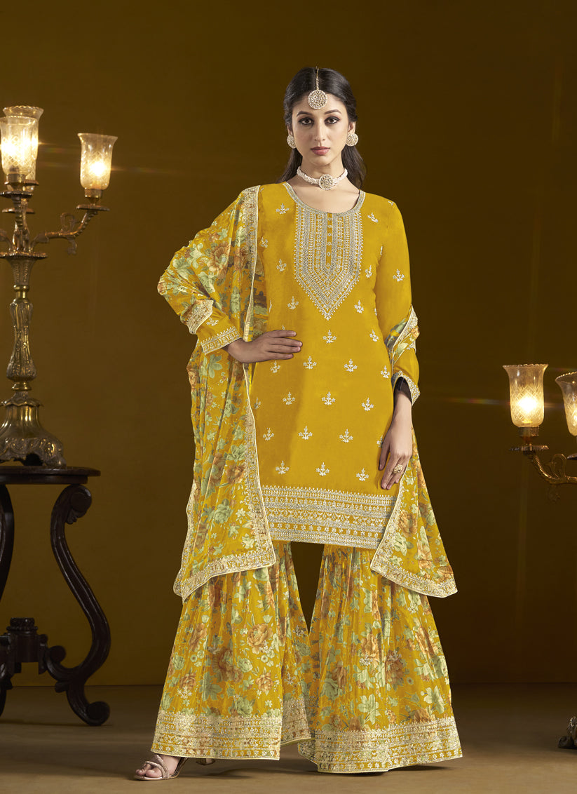 golden yellow chinnon embroidery sarara kameez suit