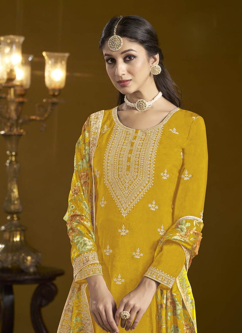 golden yellow chinnon embroidery sarara kameez suit