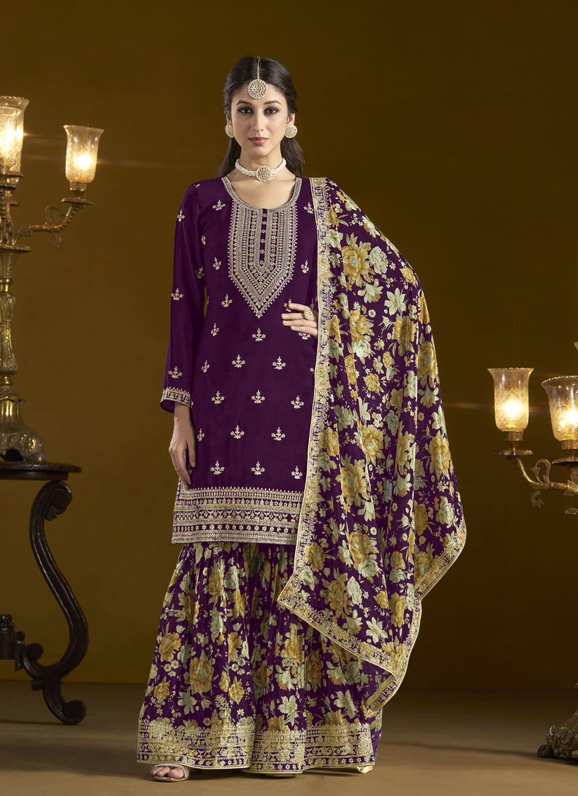 violet chinnon embroidery sarara kameez suit