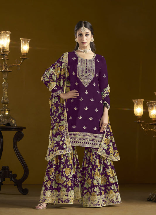 violet chinnon embroidery sarara kameez suit