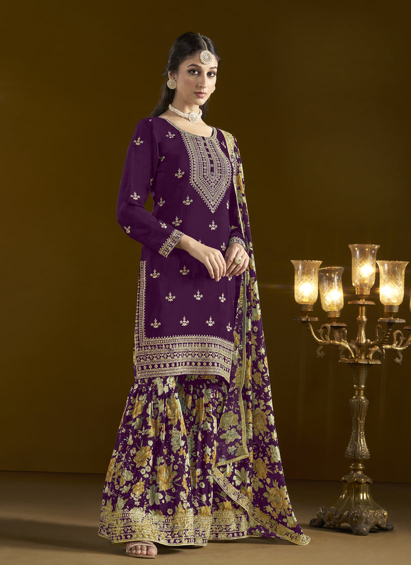 violet chinnon embroidery sarara kameez suit