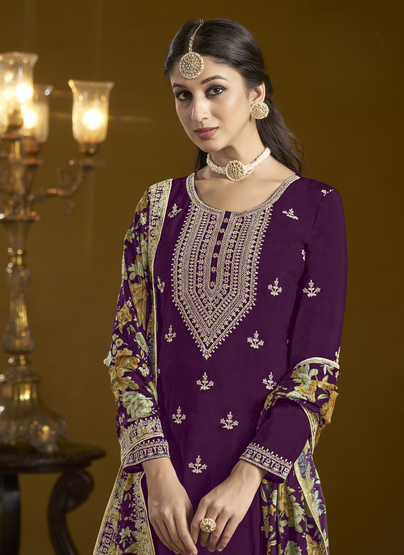 violet chinnon embroidery sarara kameez suit