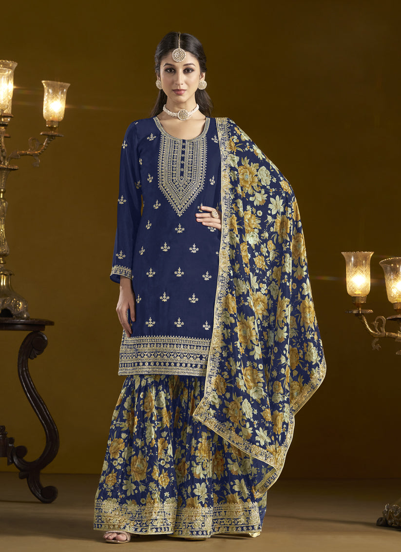 navy blue chinnon embroidery sarara kameez suit