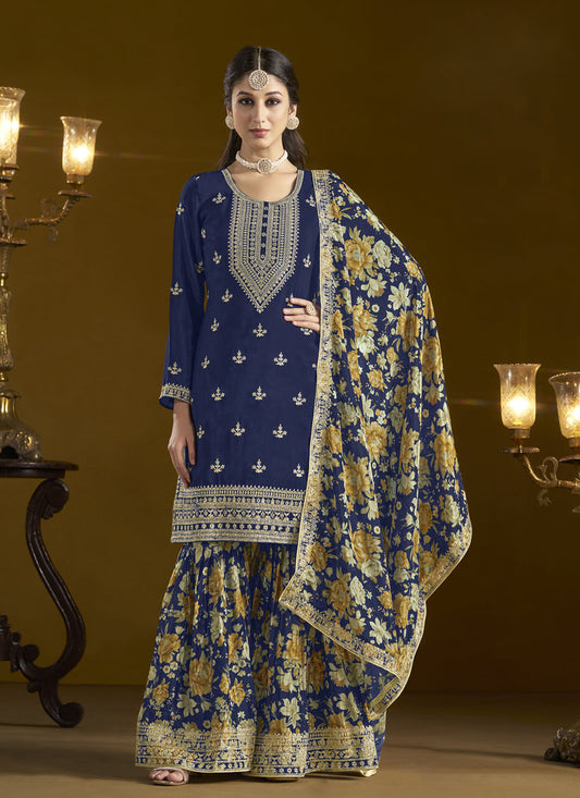 navy blue chinnon embroidery sarara kameez suit
