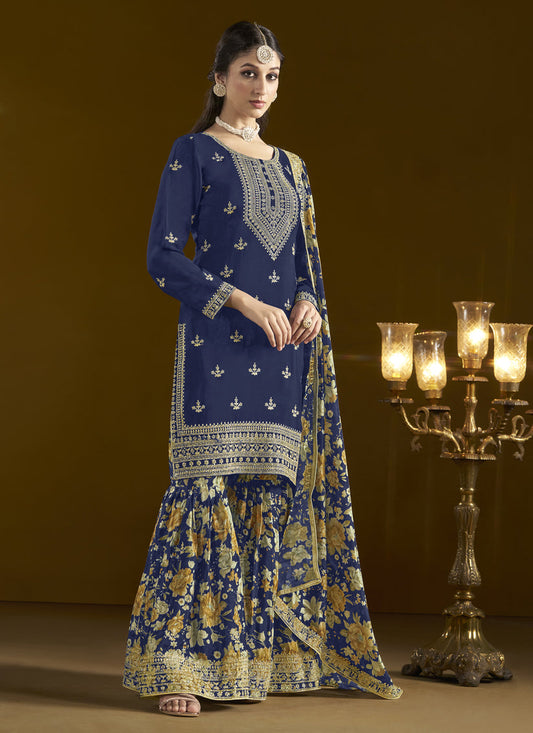 navy blue chinnon embroidery sarara kameez suit