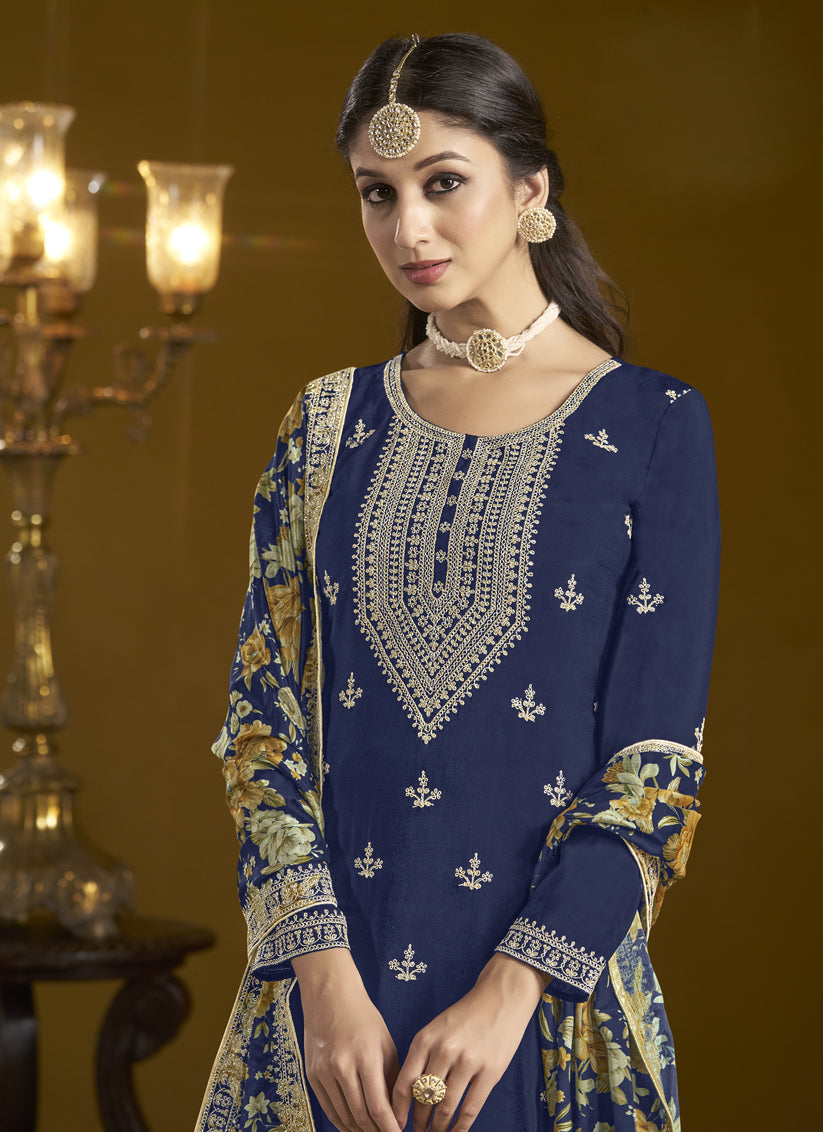 navy blue chinnon embroidery sarara kameez suit