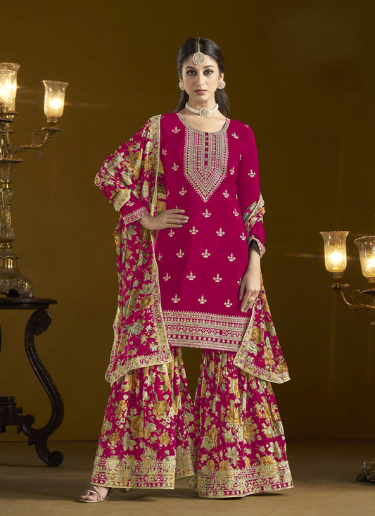 pink chinnon embroidery sarara kameez suit