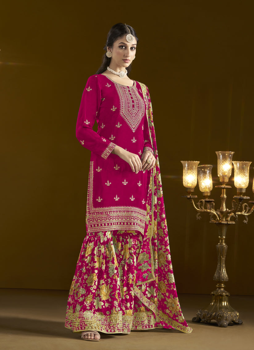 pink chinnon embroidery sarara kameez suit