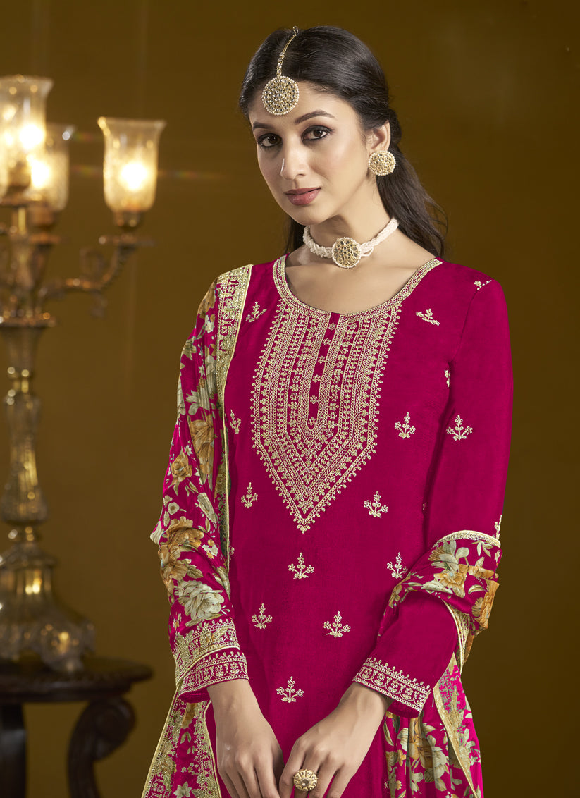 pink chinnon embroidery sarara kameez suit