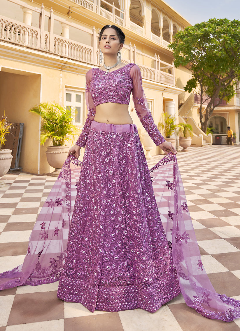 Wonderful Mauve Net Embroidered Designer Lehenga Choli