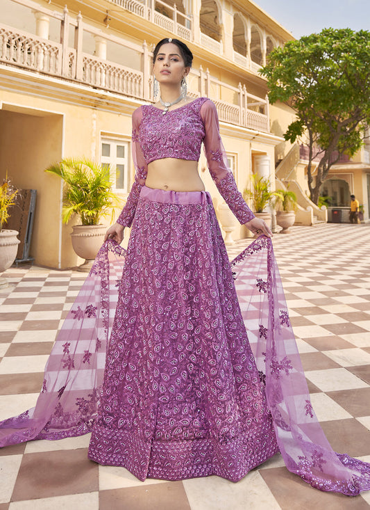 Wonderful Mauve Net Embroidered Designer Lehenga Choli