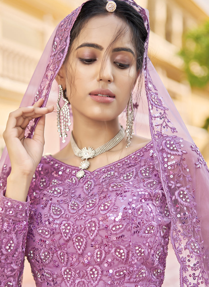 Wonderful Mauve Net Embroidered Designer Lehenga Choli